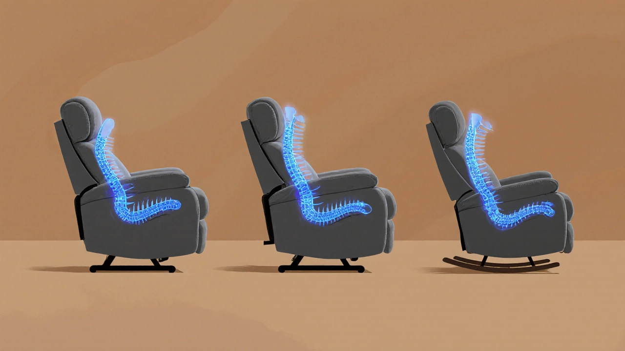 Three types of ergonomic recliners with spinal alignment overlays, highlighting proper posture support.