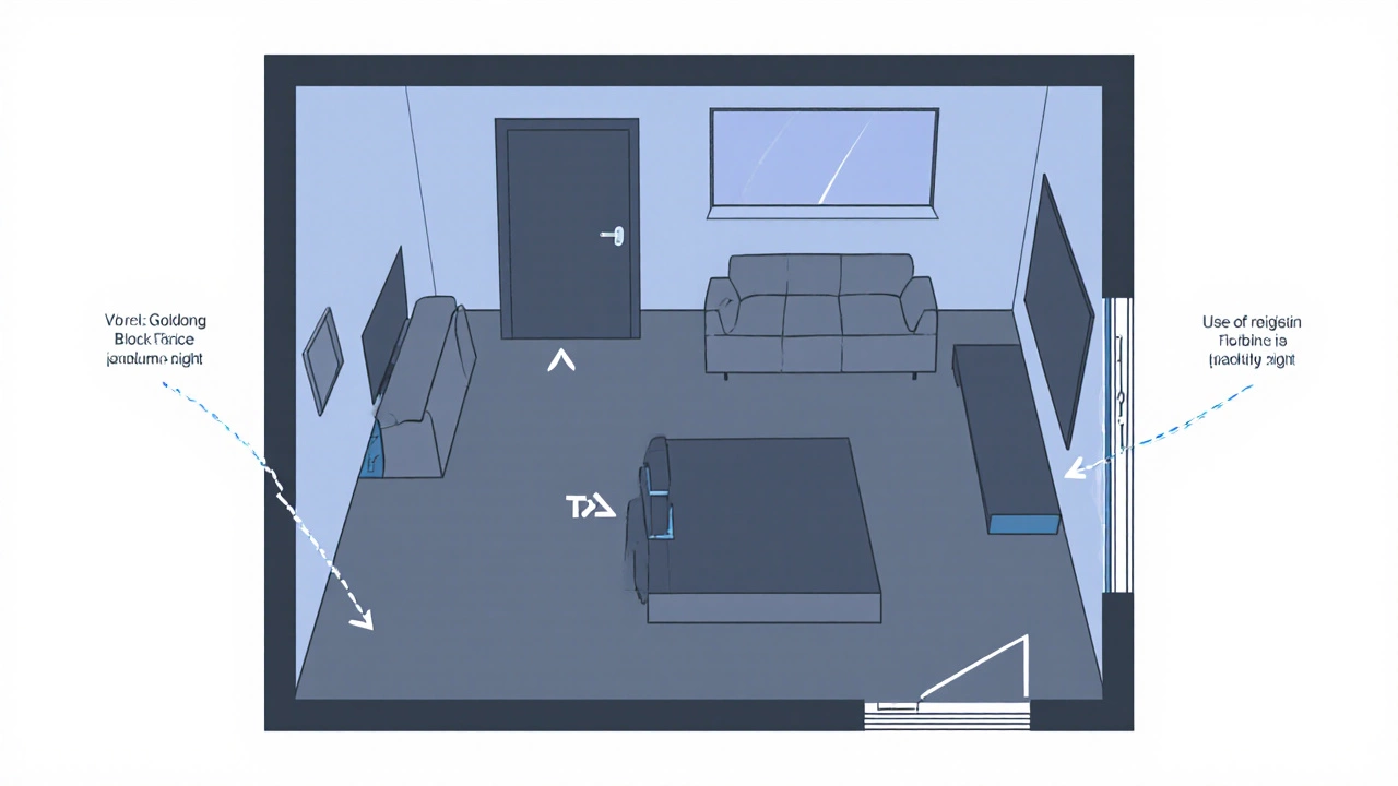 Top-down floor plan showing sofa placement relative to door, window, and TV.