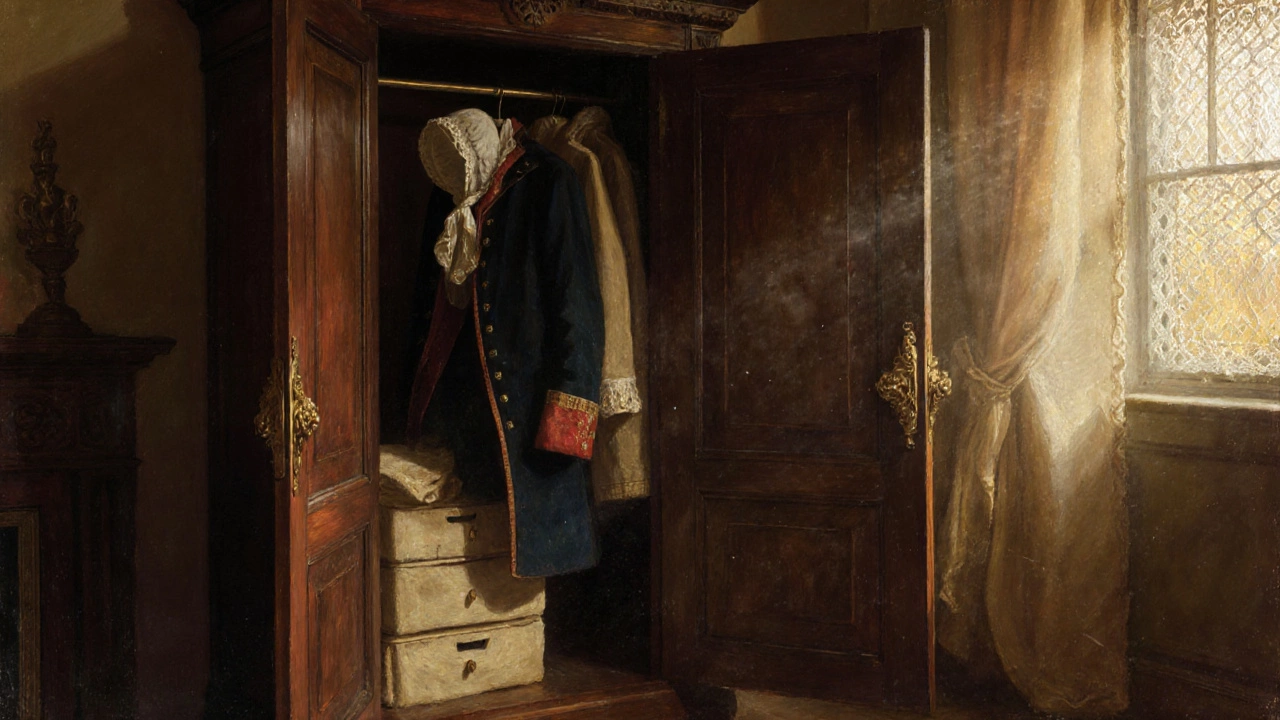 Vintage mahogany wardrobe with brass handles, open to reveal historical garments and stacked drawers in soft light.