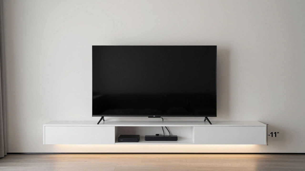 A 65-inch TV on a 70-inch stand at eye-level height with devices and hidden cable management.