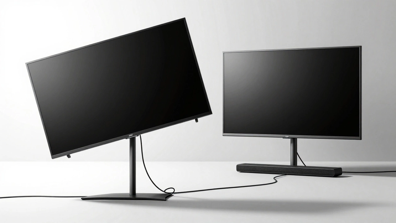 A 65-inch TV tipping on a too-narrow stand versus safely seated on a properly sized stand.