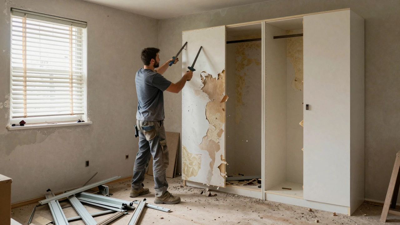 A contractor removing a fitted wardrobe, damaging drywall and exposing wall structure, with debris scattered on the floor.