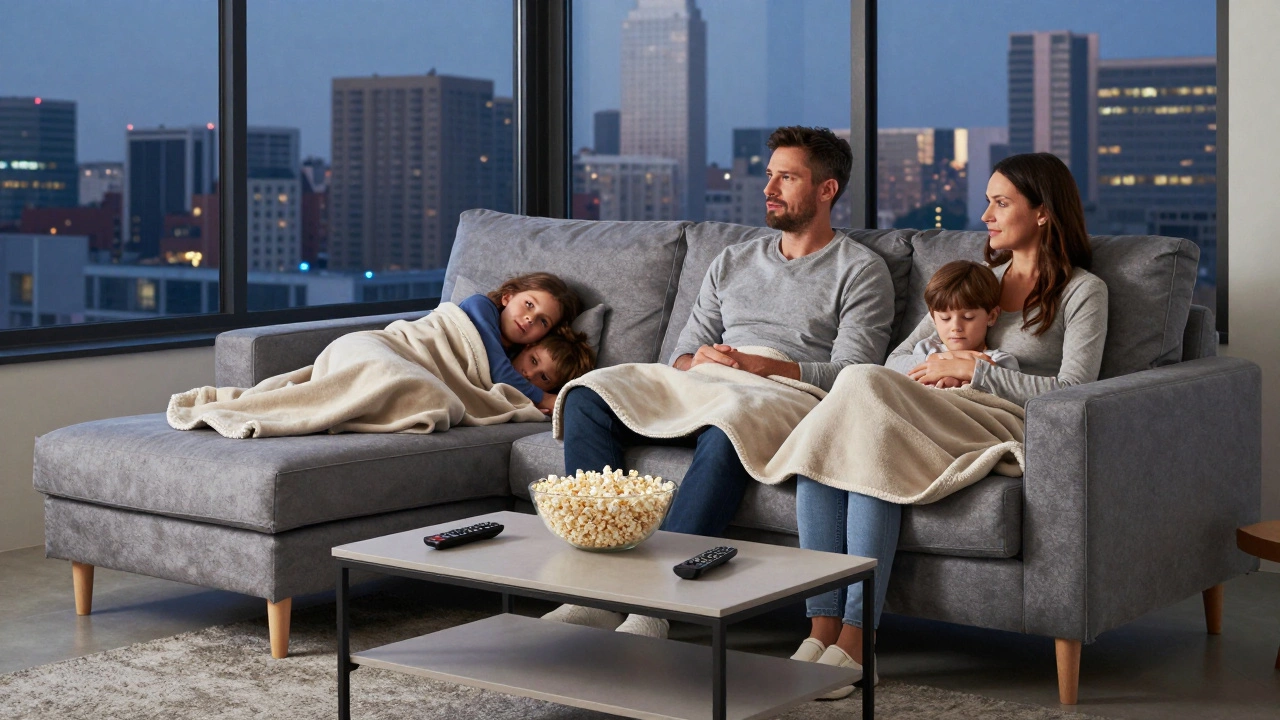 A family enjoying movie night on a sleek sectional, wrapped in blankets under a city skyline window.