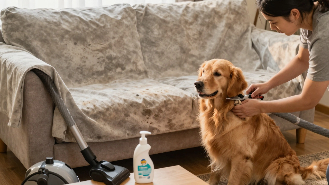 A family putting a slipcover on a couch while trimming a dog’s nails, practicing maintenance to prolong furniture life.
