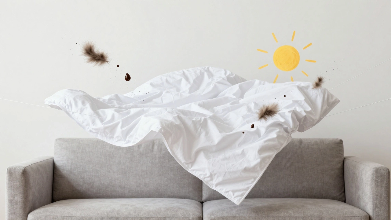 A floating cotton sheet capturing pet fur, coffee stains, and sun rays above a couch in a minimalist setting.