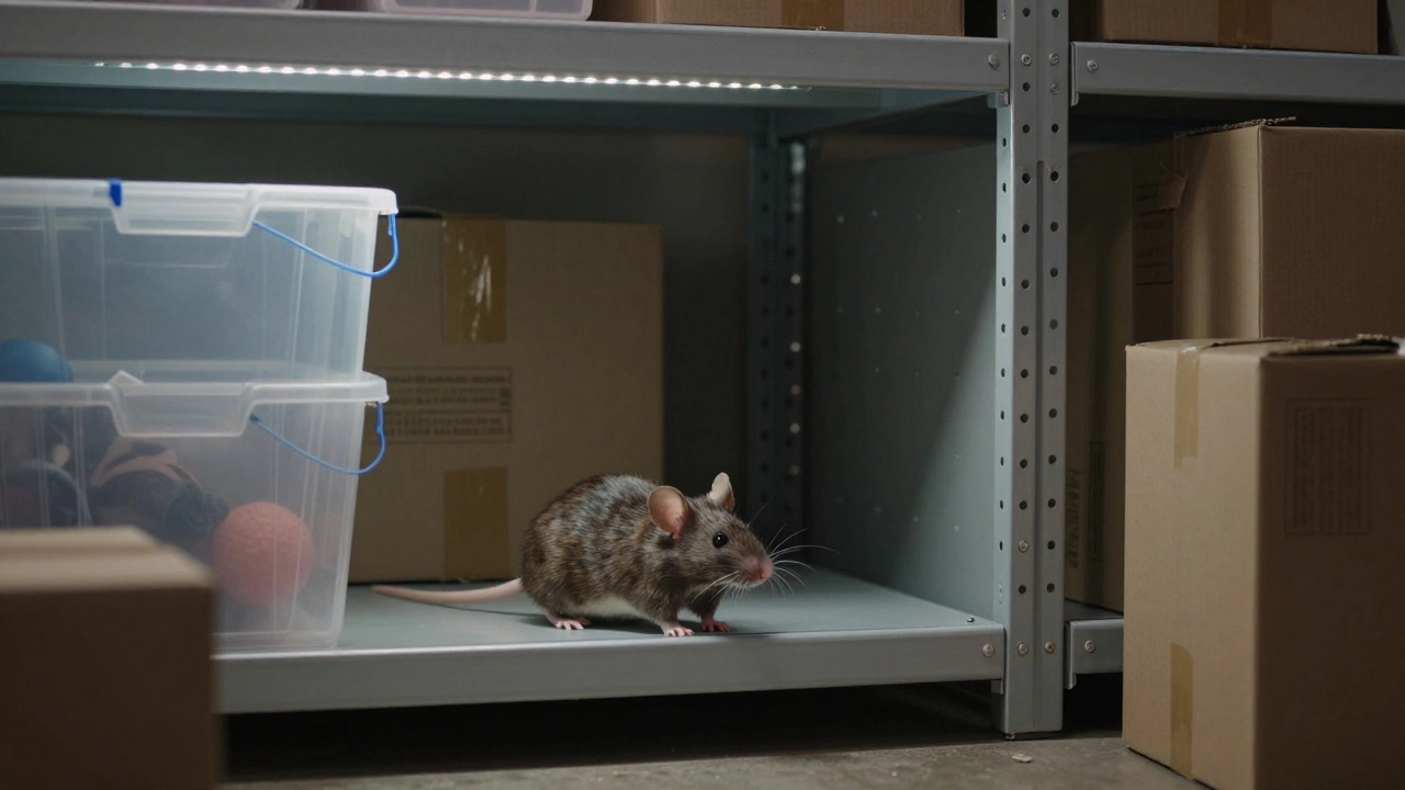 A mouse hesitates near brightly lit, rodent-resistant storage bins while dark, unsafe boxes recede behind.