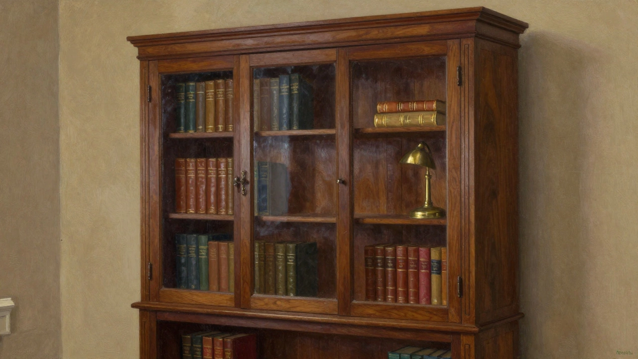 Dark wooden bookcase with glass doors and books, standing in a cozy study.