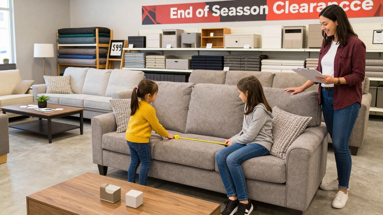Family measuring a discounted sofa in a showroom, with bundled deals like a  coffee table and free nightstands visible.