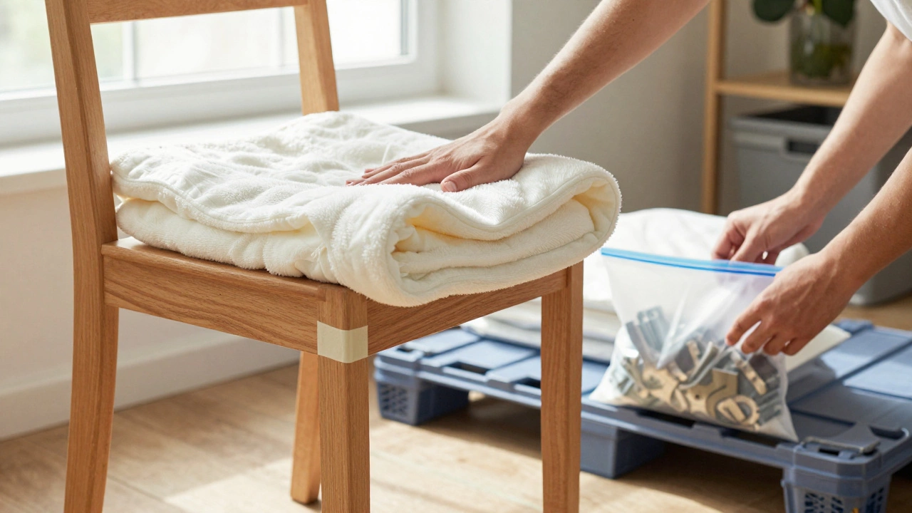 Hand placing a cotton cover on furniture with moisture absorber nearby during proper storage prep.