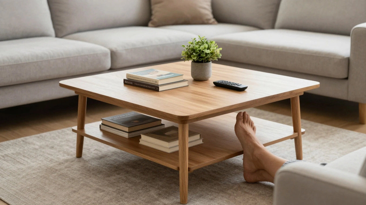Low square oak table with open shelves under an L-shaped sofa, books and plant on top, comfortable legroom.