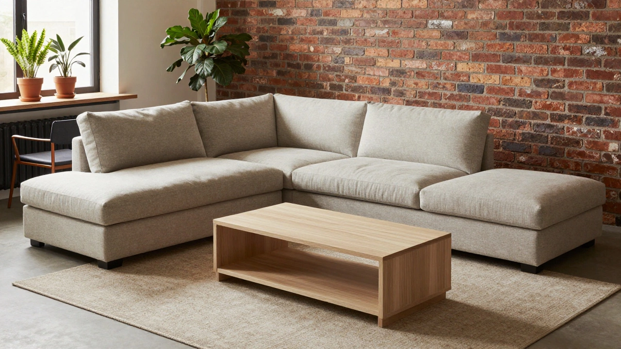Modular sectional pieces arranged flexibly in a small living space with hidden storage and a coffee table.