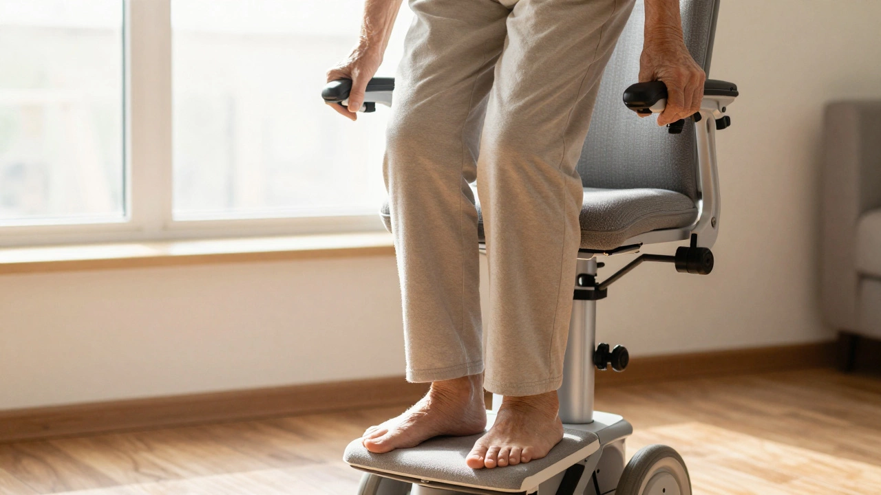 Older adult using lift recliner to stand safely, gripping armrests, upright posture, morning light.