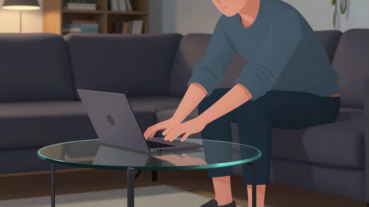 Person using a laptop on an elevated coffee table while seated on a sofa, natural lighting, modern interior.