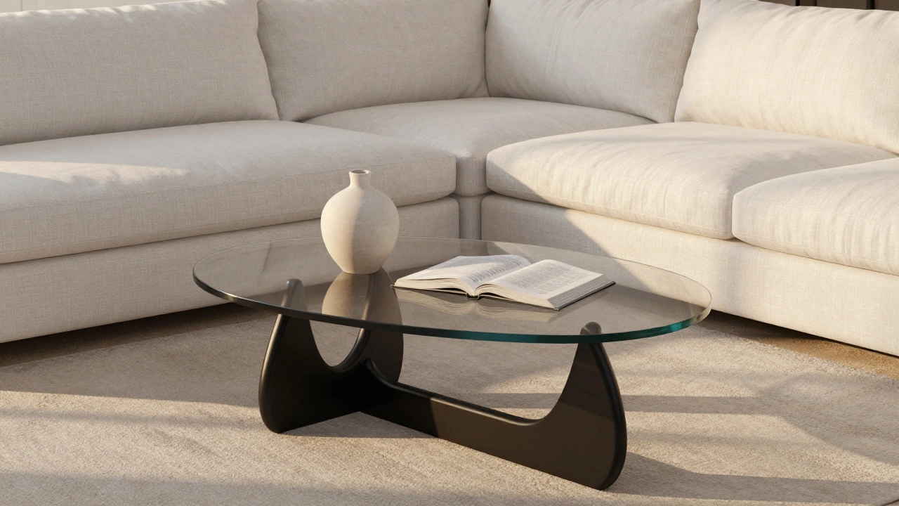 Round glass coffee table with black base next to a white linen sofa, soft evening light, minimalist design.