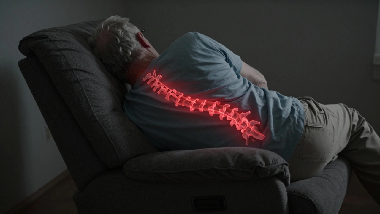 Senior slumped sideways in recliner with twisted hips, nerve compression highlighted by subtle red glow.