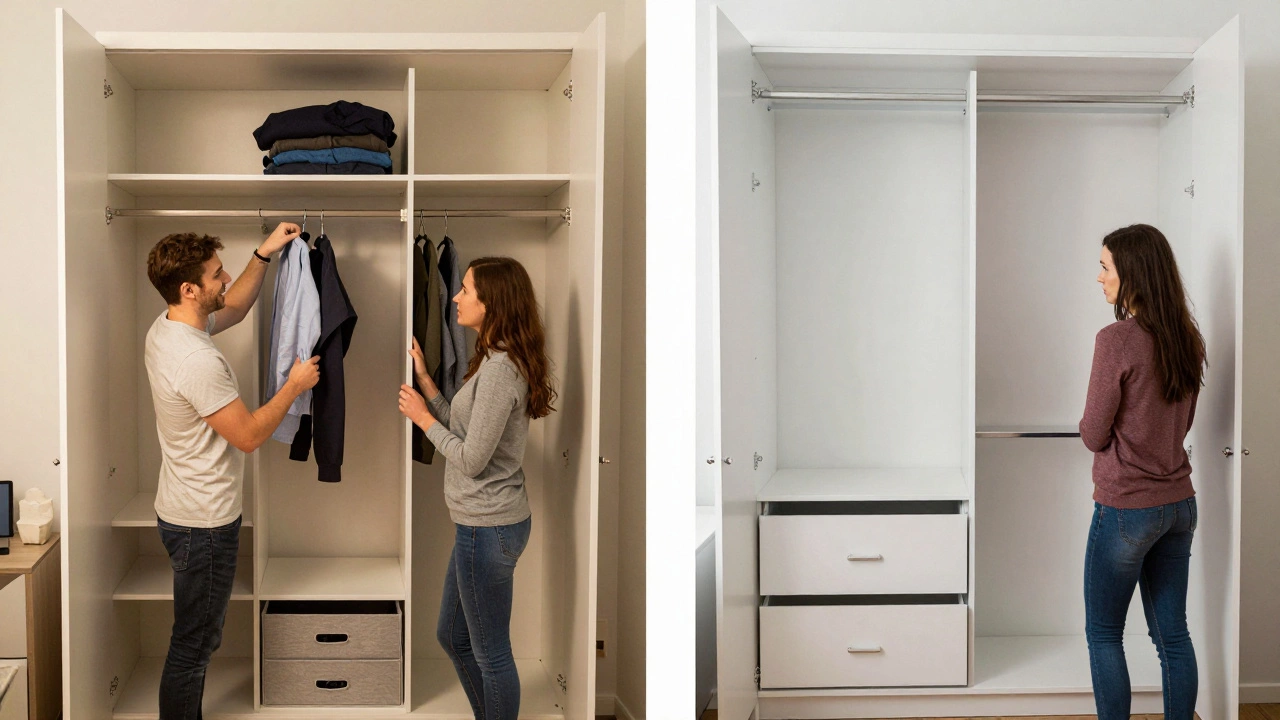 Side-by-side comparison: a flexible modular wardrobe on the left, a rigid fitted wardrobe on the right, showing changing life needs.