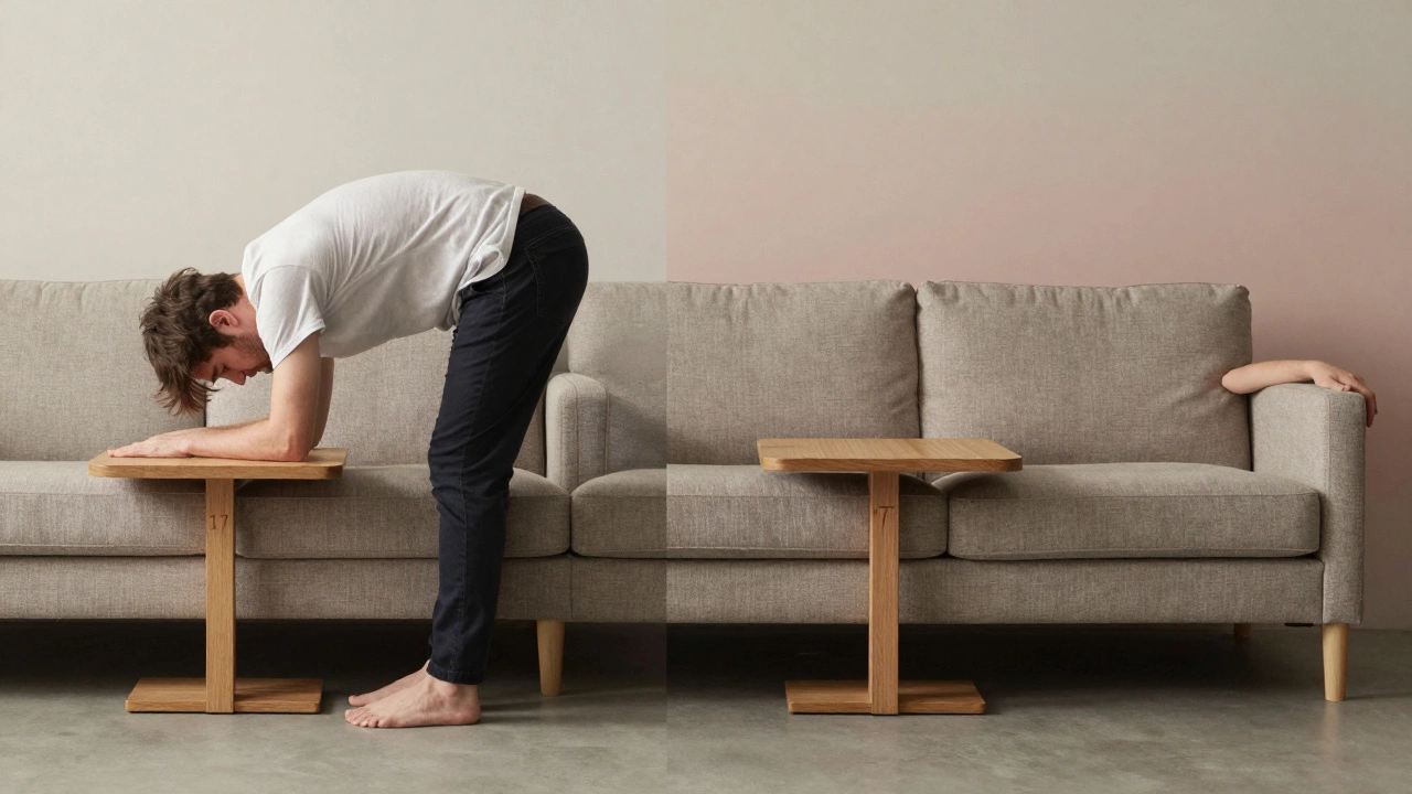 Side-by-side comparison of low and slightly higher coffee tables with couches, showing ergonomic differences.