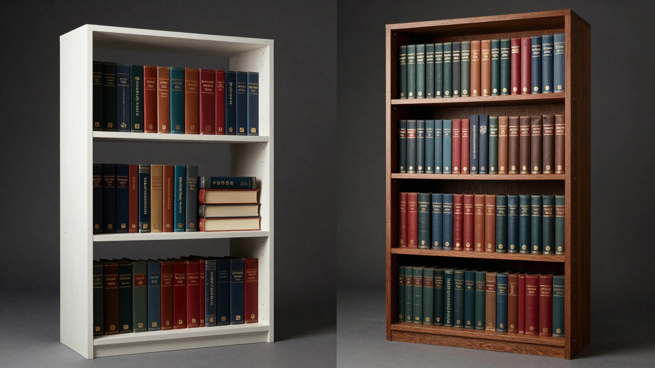 Side-by-side: sagging bookshelf vs. sturdy bookcase holding heavy books.