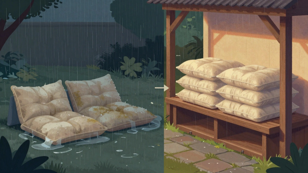 Split image comparing damaged wet cushions to neatly stored dry ones.