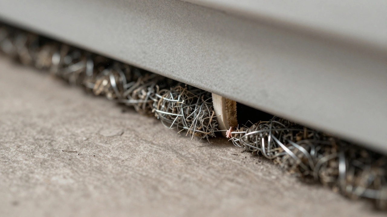 Steel wool and caulk sealing a small gap behind a baseboard to prevent mouse entry.