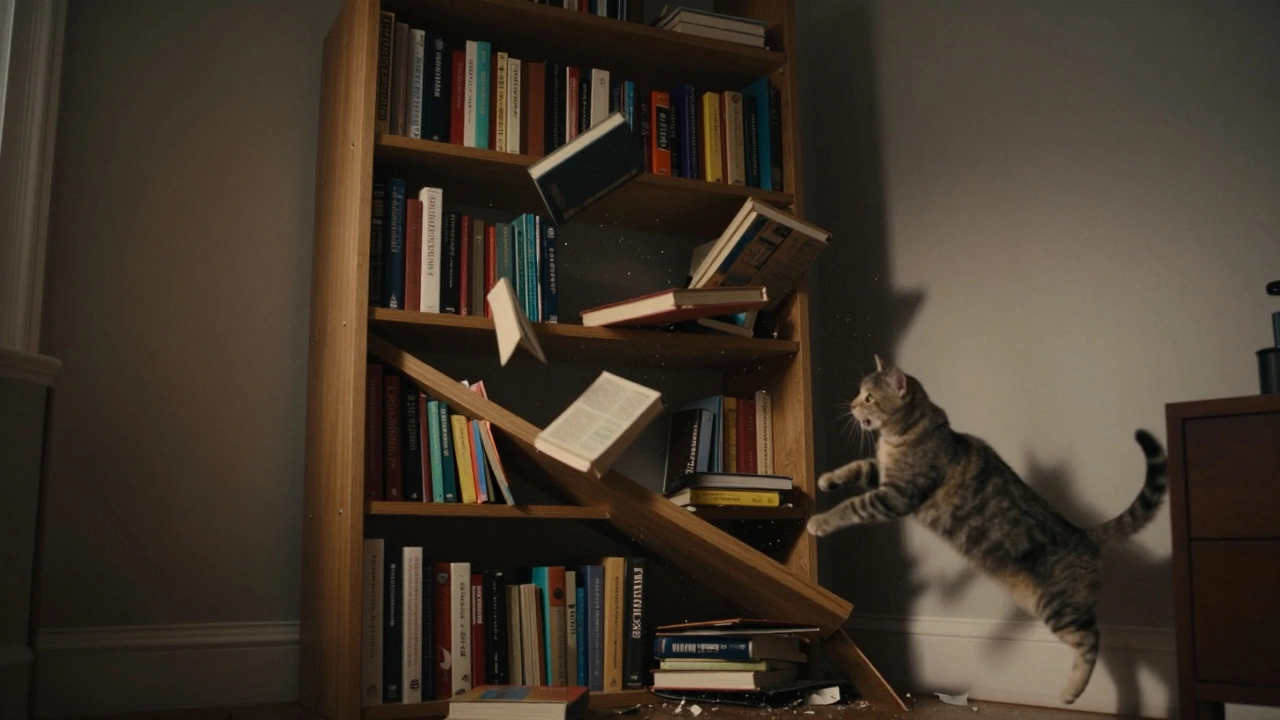 Tall bookshelf collapsing with books falling and a cat running away.