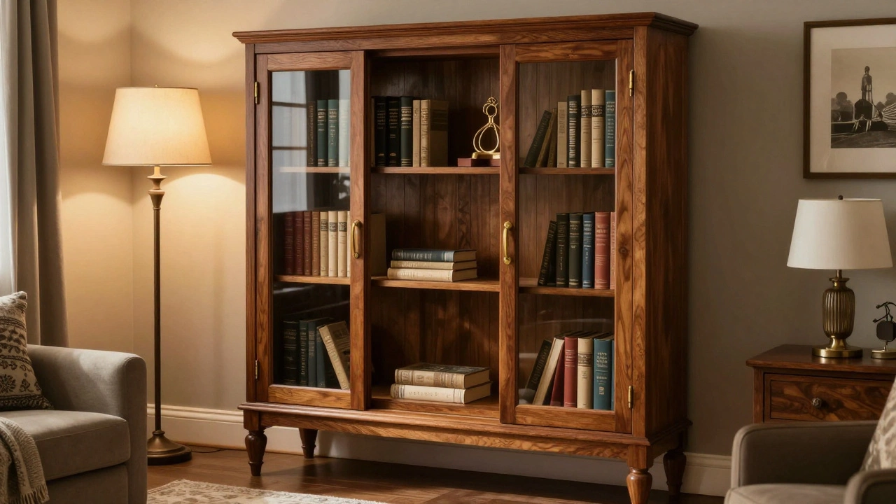 Traditional wooden bookcase with glass doors and brass handles in a warm living room.