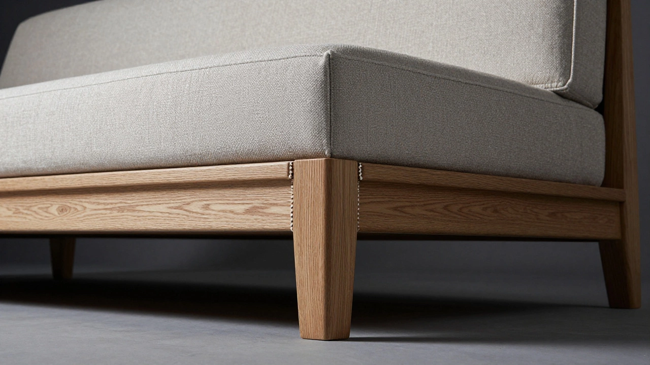 Underneath a high-quality sofa showing solid oak frame and hand-tied springs, no particleboard in sight.