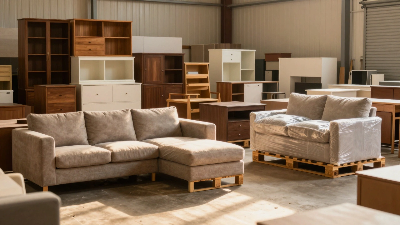 Warehouse storage area with stacked old furniture being cleared out as new spring collections arrive in packaging.