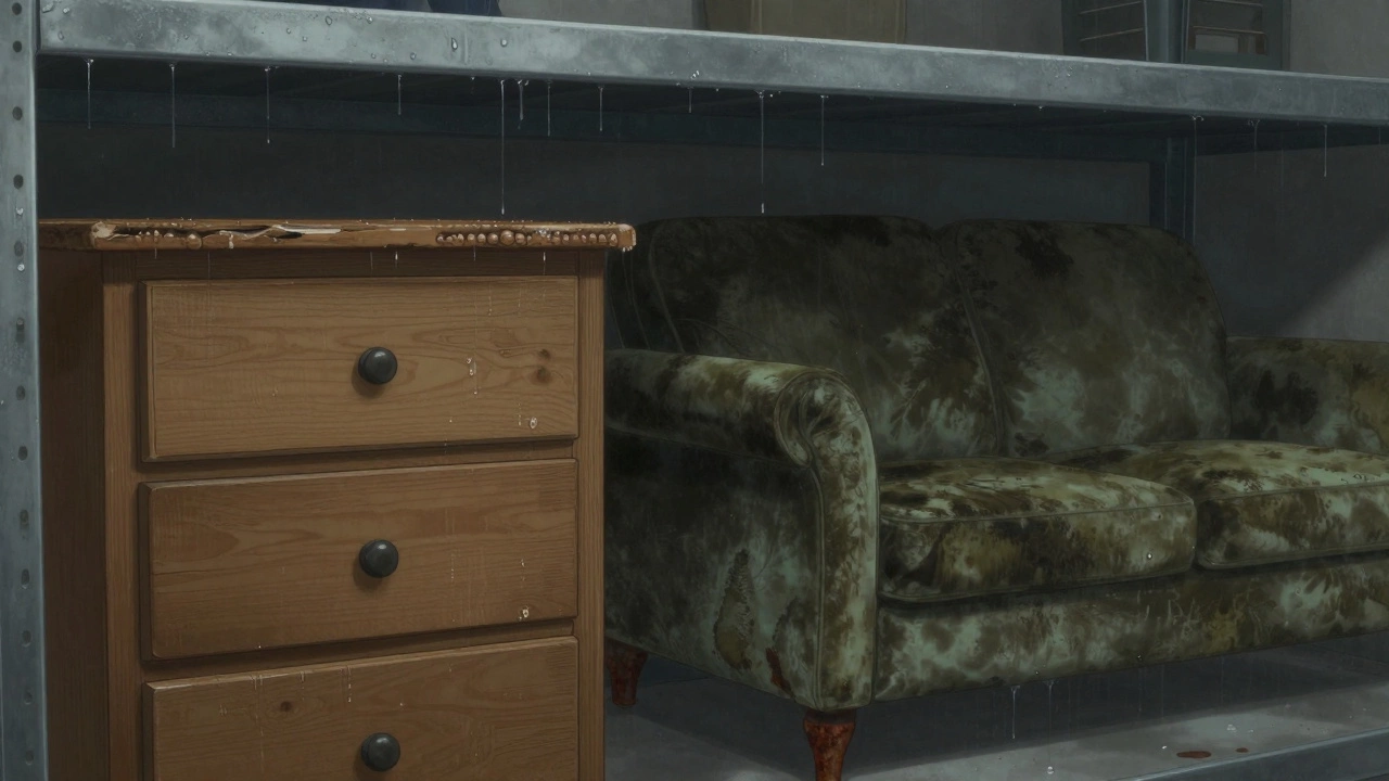 Warped wood, mildew on fabric, and rusted metal in a damp, neglected storage unit.