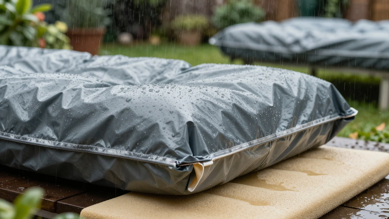 Weatherproof cushion cover repelling raindrops while remaining dry underneath.