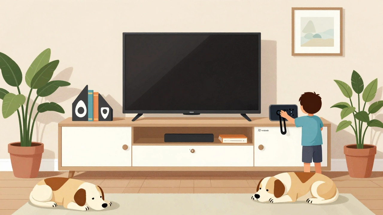 A 65-inch TV on a wide entertainment center with decor on both sides in a cozy living room.