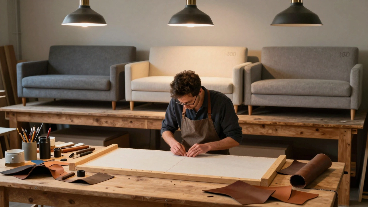 A craftsman hand-stitching a sofa in a wooden workshop with tools nearby.