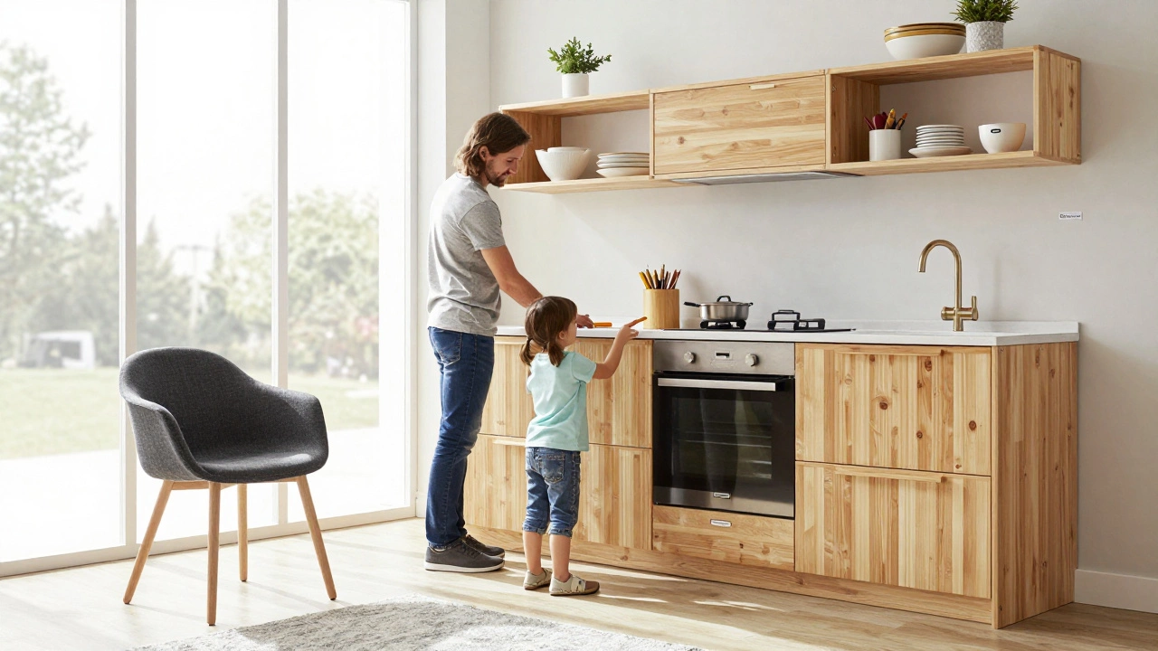 A family assembling IKEA cabinets and chairs in a bright, modern kitchen space.