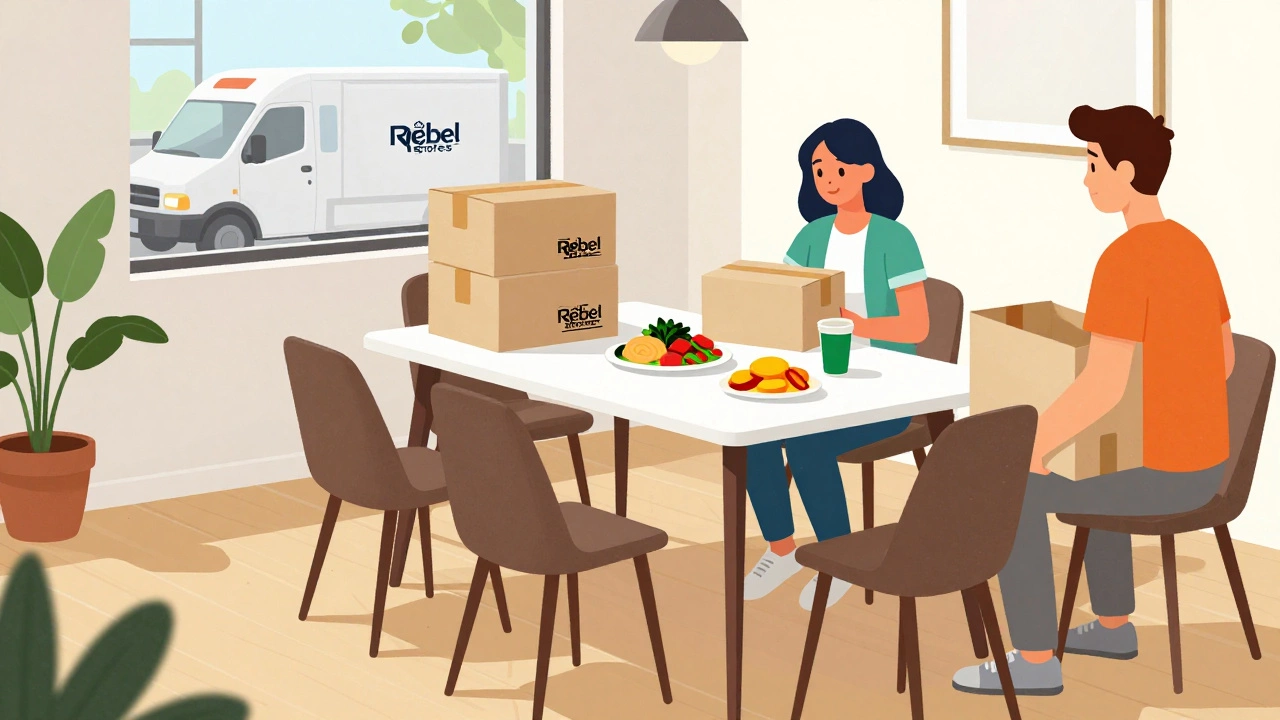 A fully assembled dining set from Rebel Stores in a rented apartment with people sitting down immediately.