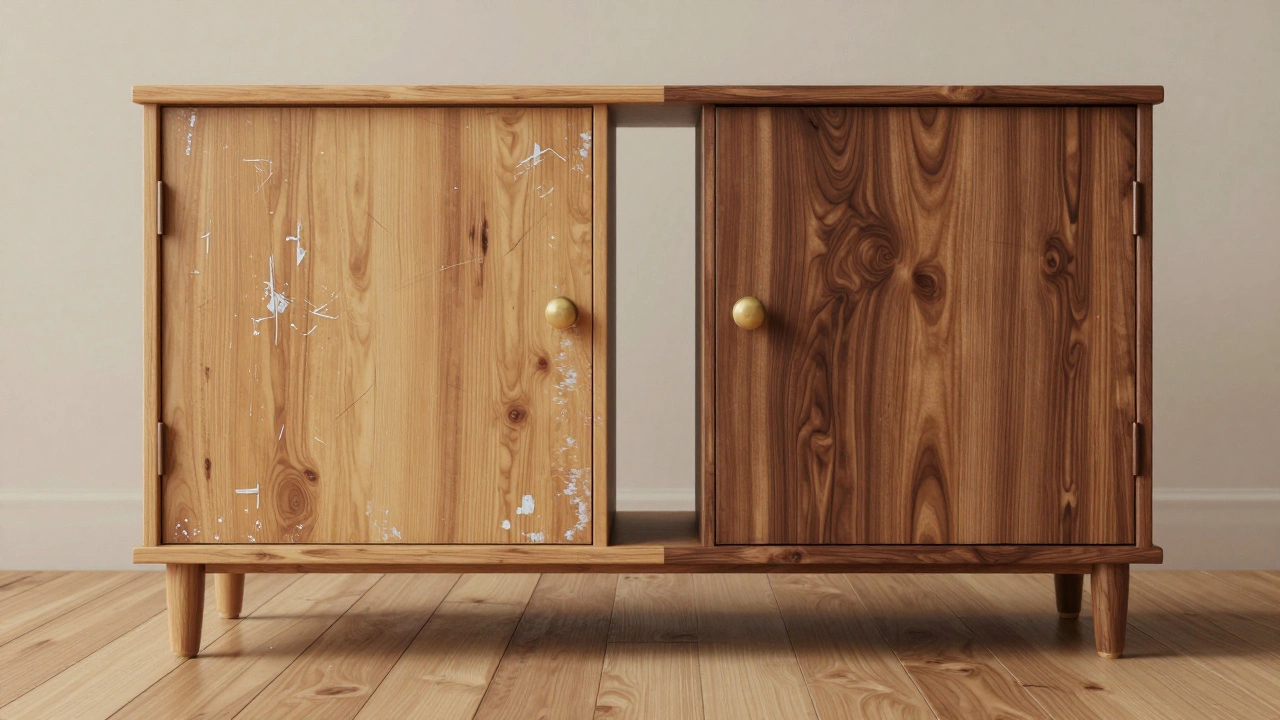 Before and after of a storage cabinet: scratched wood vs. walnut vinyl wrap.