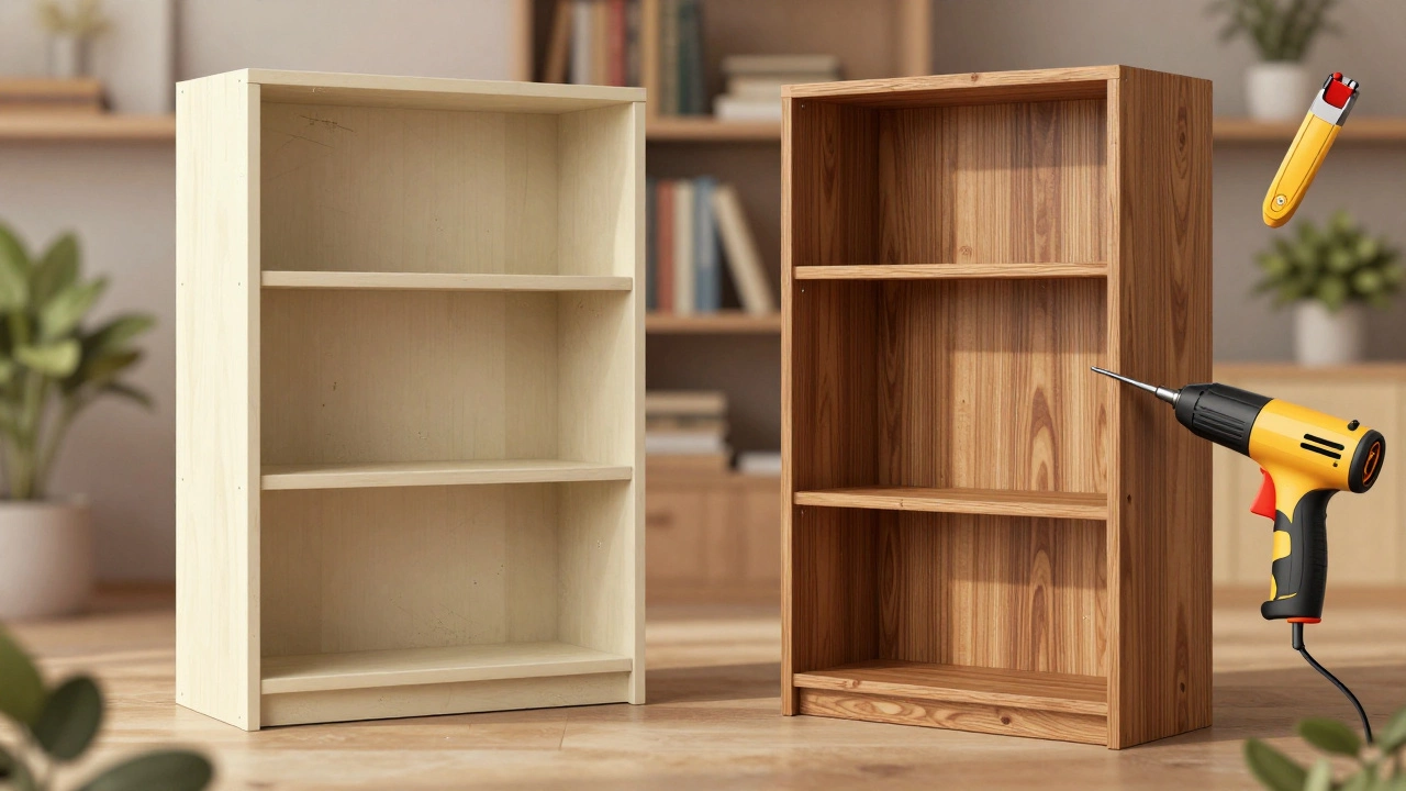 Before and after view of a particle board bookshelf transformed with wood grain vinyl wrap.