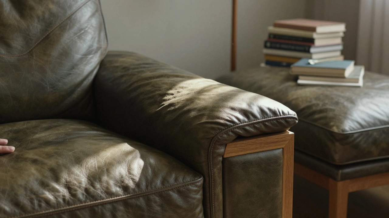Close-up of full-grain leather corner sofa showing natural patina and craftsmanship
