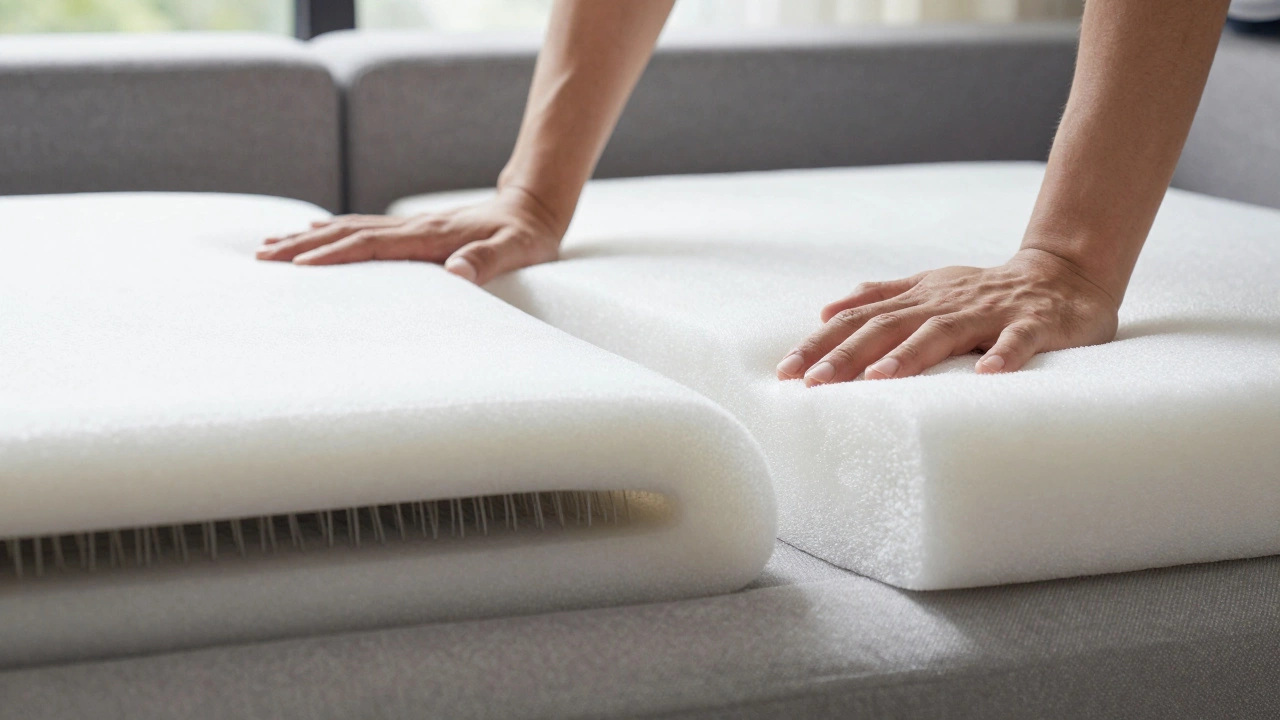 Close-up of hands pressing on two sofa bed cushions, showing one collapsing and the other maintaining firmness.