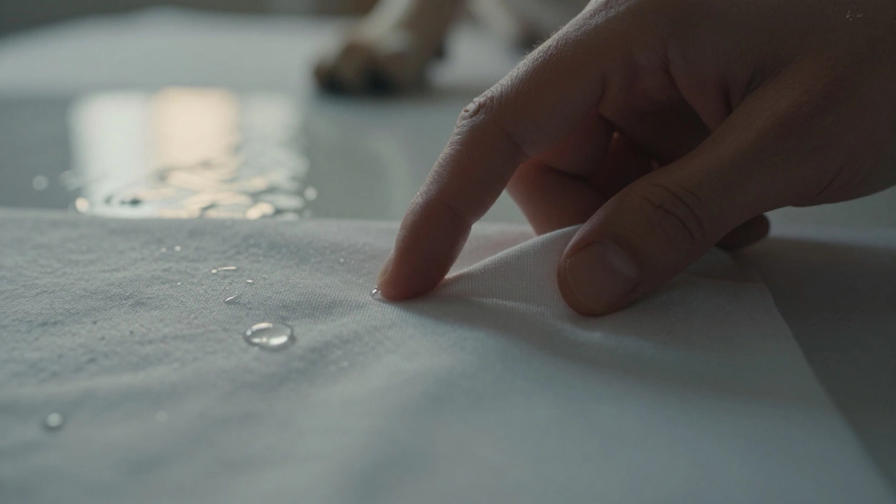 Close-up of water beading on durable fabric, no pilling, highlighting stain-resistant technology.