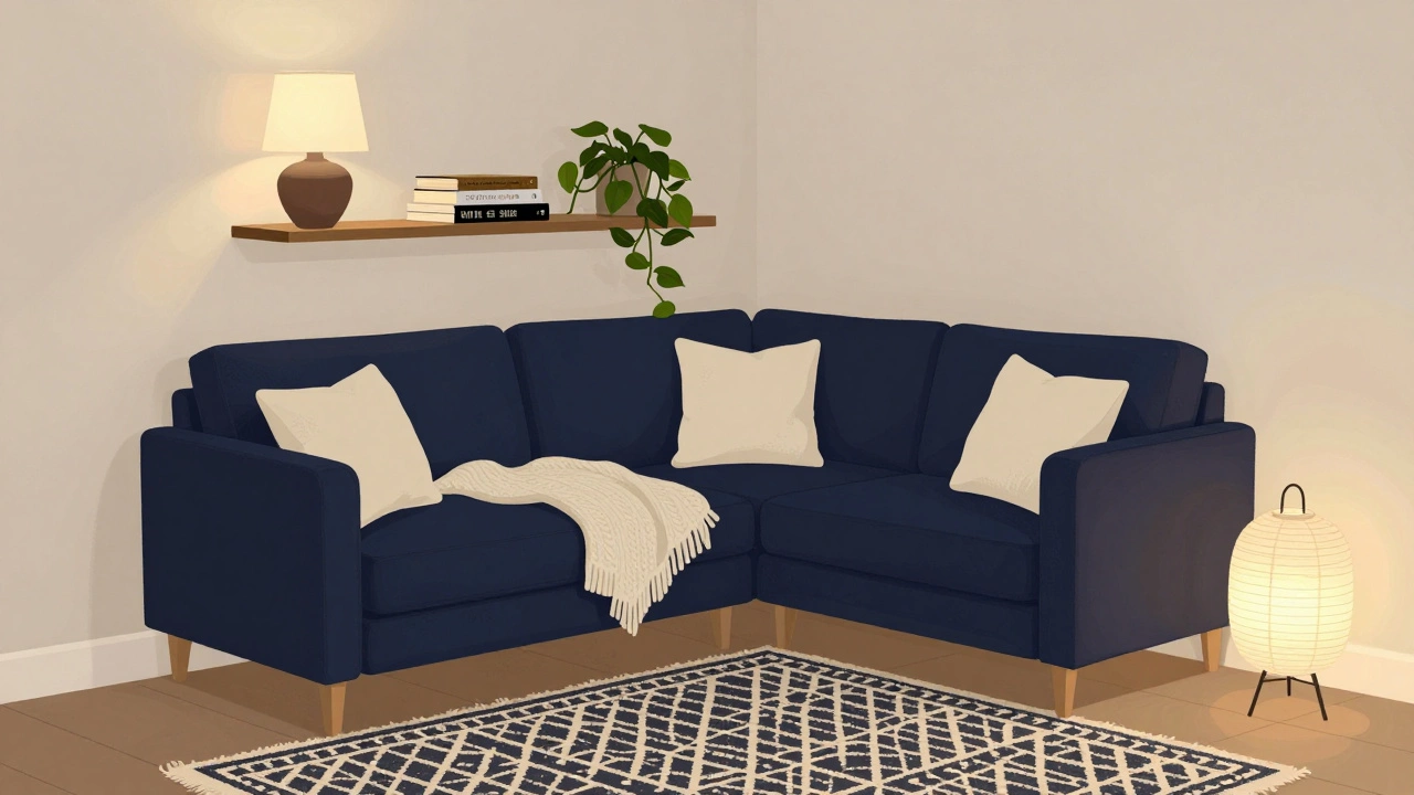 Compact navy corner sofa in a small British living room with floating shelf, plants, and warm ambient lighting.