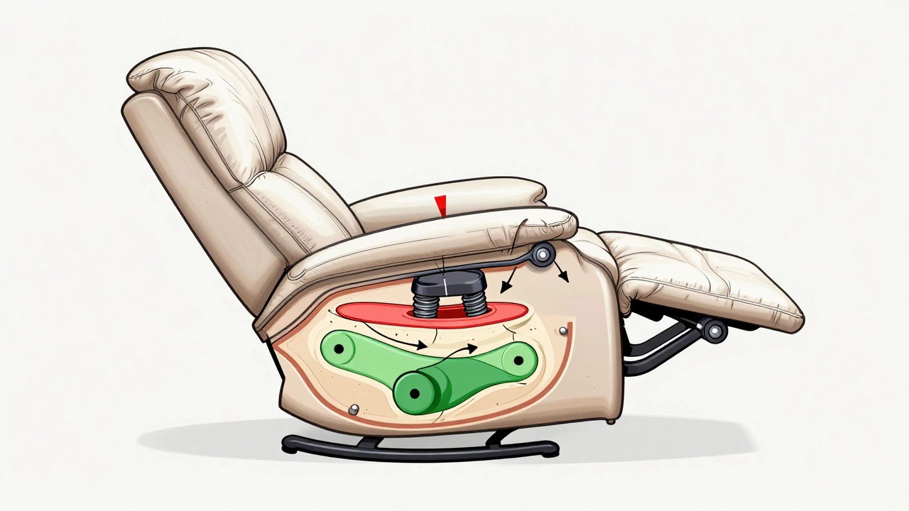 Cross-section diagram of a recliner's moving parts showing worn components and lubrication points.