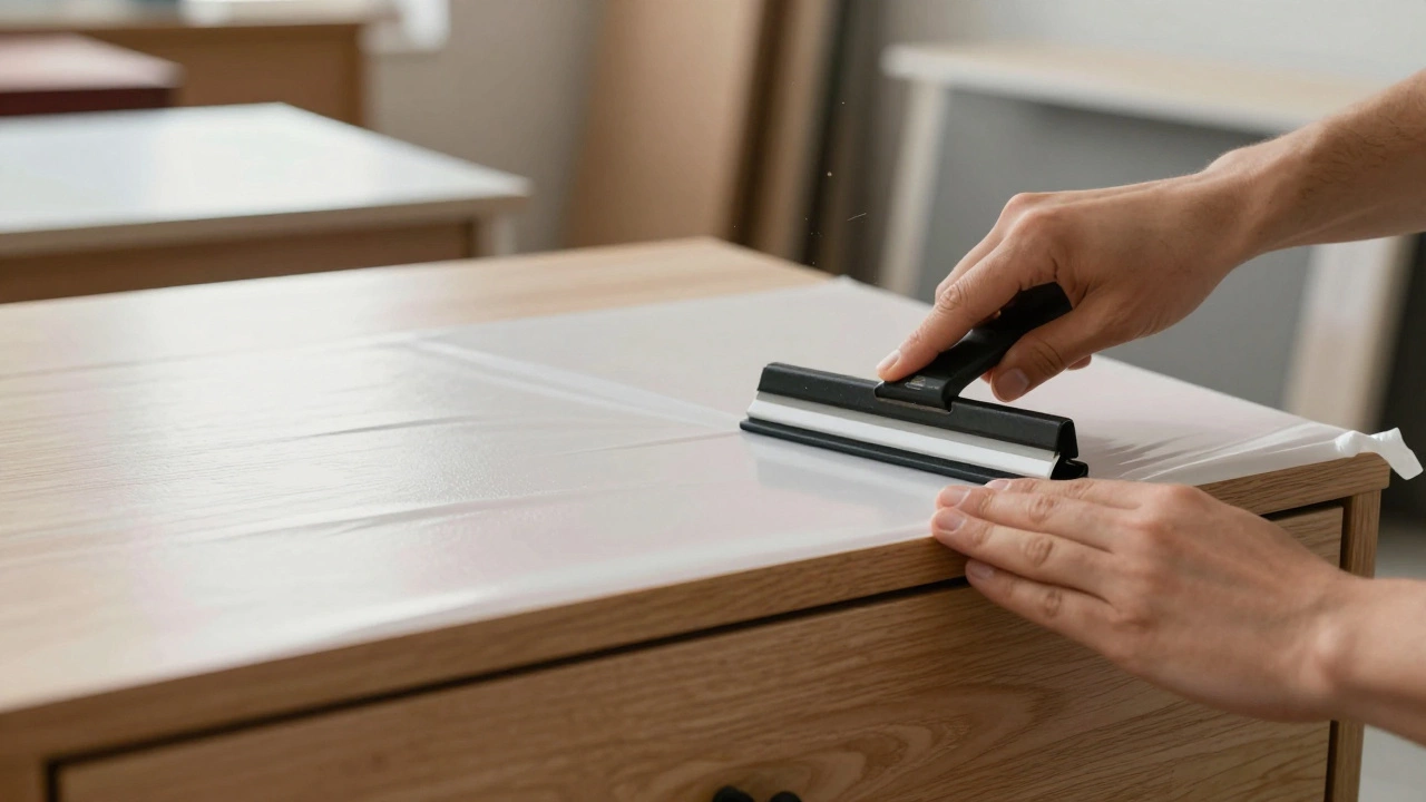 Hand applying vinyl wrap to a drawer front with a squeegee in focused light.