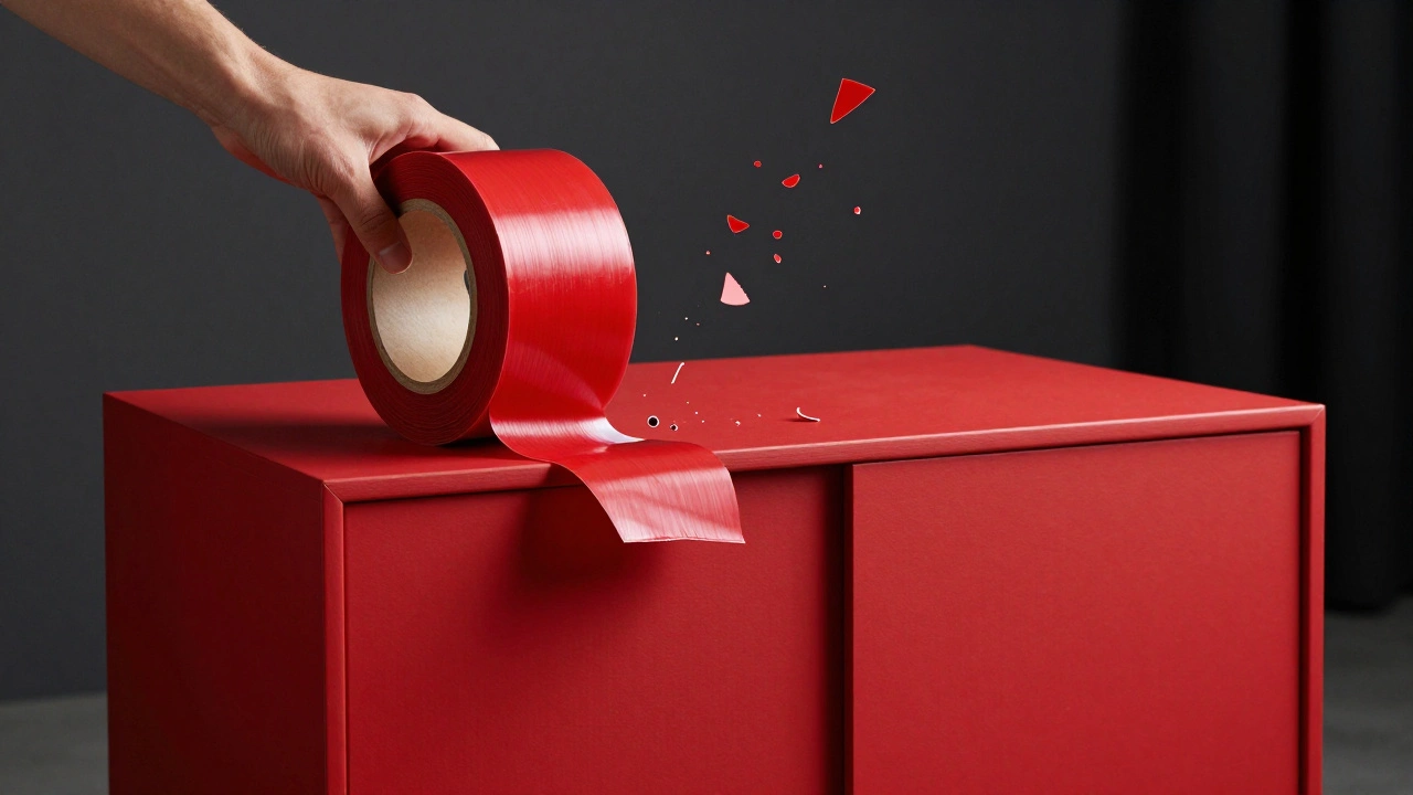 Hand holding a roll of red vinyl wrap with adhesive side visible, near a newly wrapped sideboard.