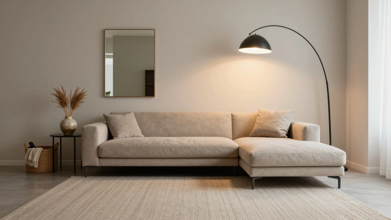Minimalist beige corner sofa with mirror backdrop, woven basket, and arc floor lamp creating a balanced, clutter-free space.
