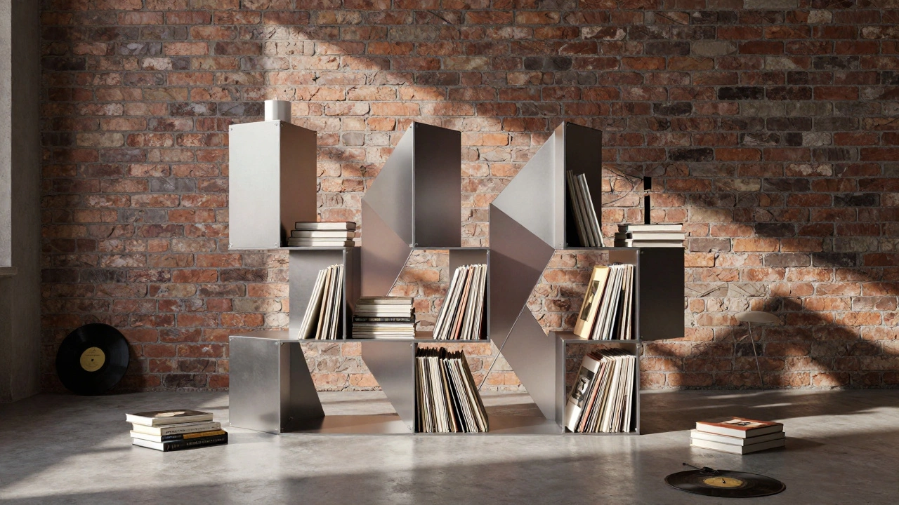 Modular CB2 Stack bookcase arranged in a zigzag pattern as a room divider.
