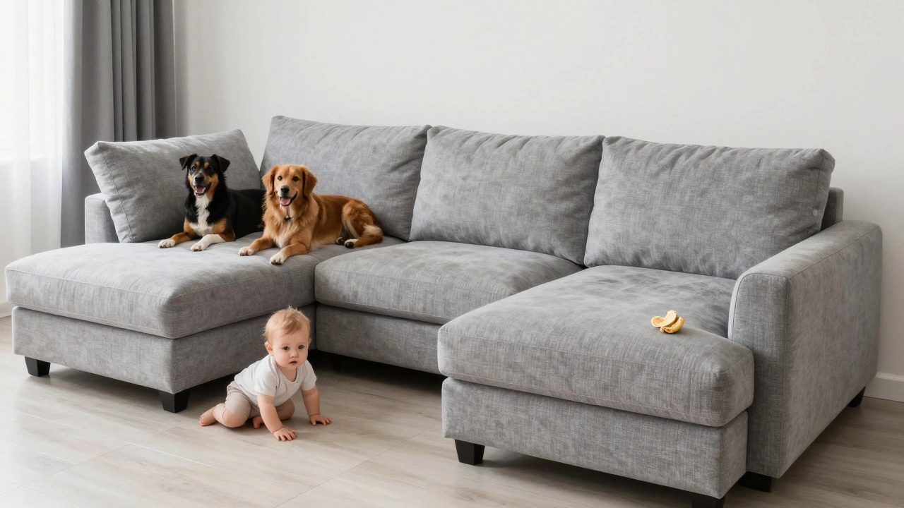 Performance polyester sectional sofa with dogs and baby, stain-free and intact after heavy daily use.