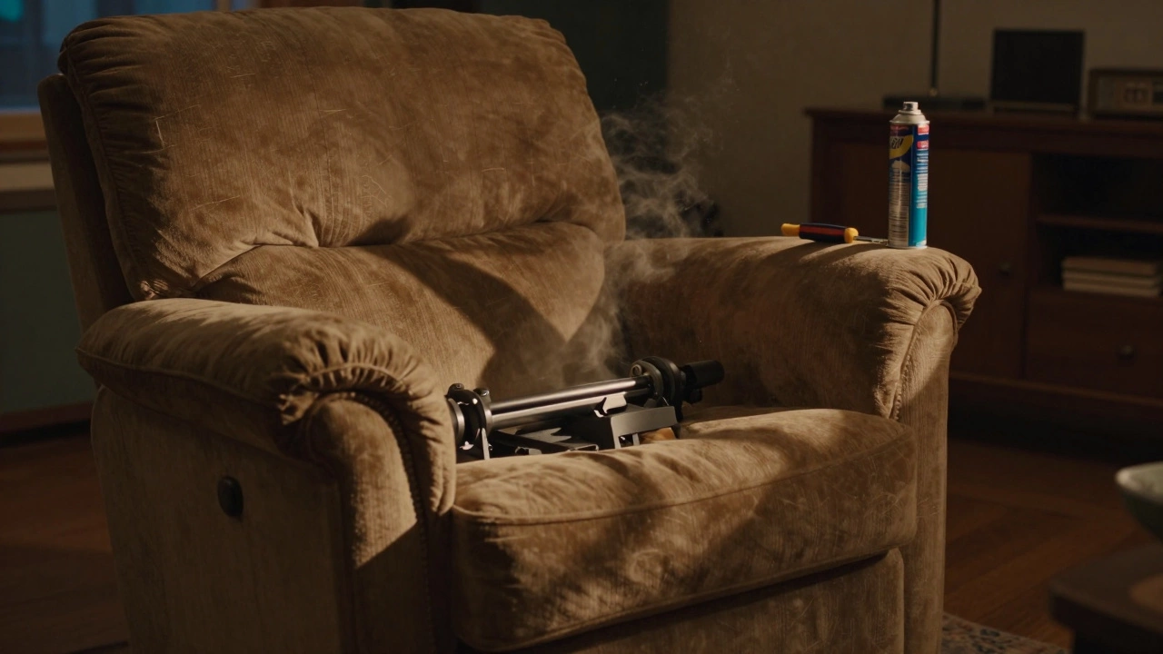 Person reclining in a vintage Lazy Boy chair at night, dust rising from the mechanism as it creaks under pressure.