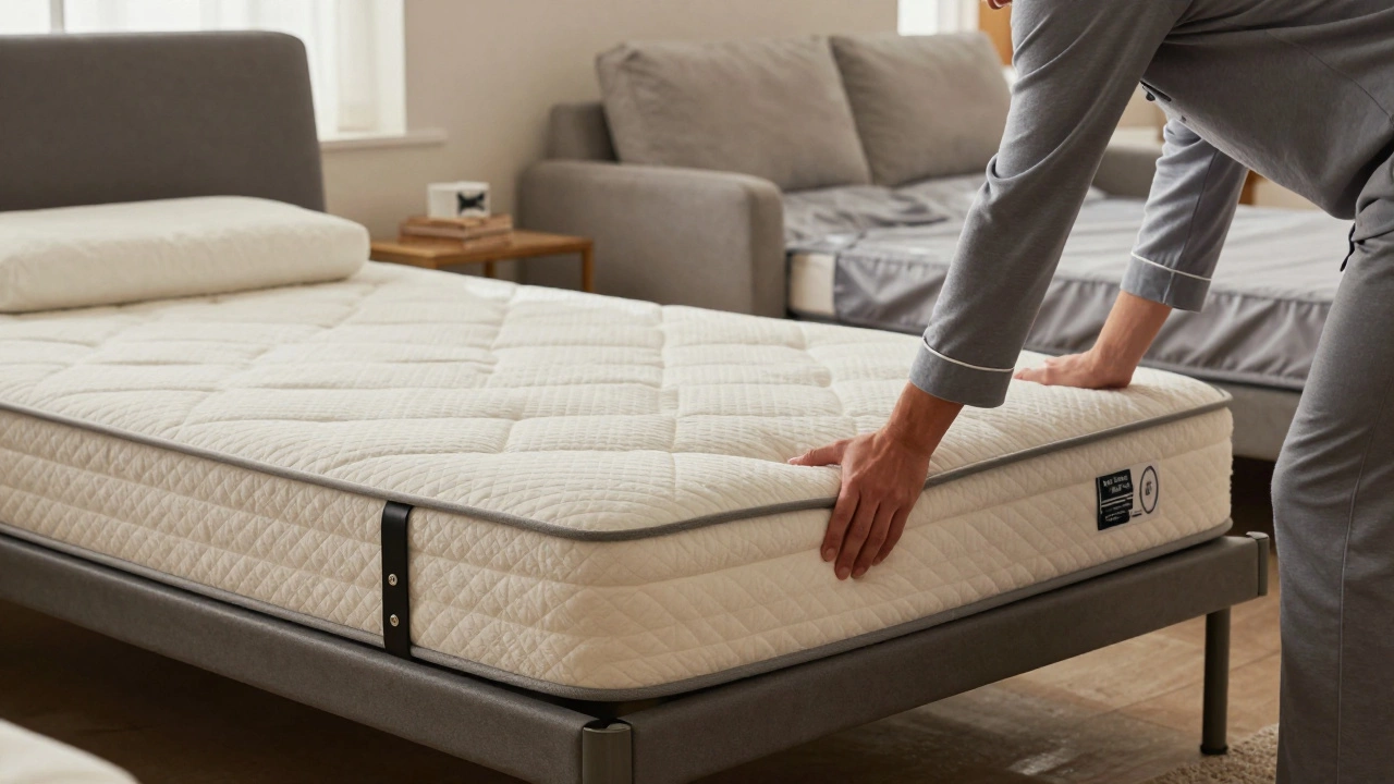 Person testing sofa bed mattress thickness in a showroom, hand pressing down to check firmness and support.