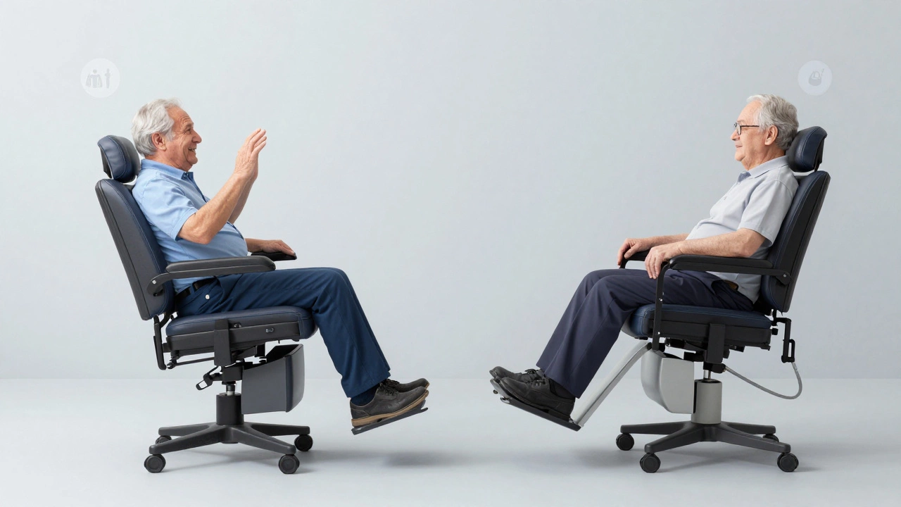 Side-by-side comparison of a regular recliner and a motorized lift chair used by a senior.