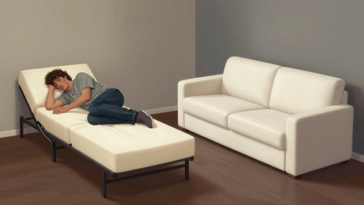 Side-by-side comparison of an old, sagging sofa bed versus a modern, supportive one in a home setting.